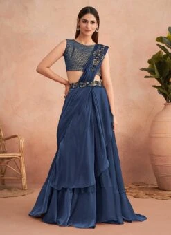 Blue Chinon Silk Embroidered Ready Pleated Saree Party Wear -ZariGrace Shop blue chinon silk embroidered ready pleated saree saska36337311b u