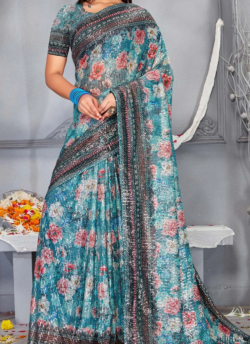 Blue Color Digital And Sequins Soft Net Saree Party Wear 3 Blue Color Digital And Sequins Soft Net Saree Party Wear