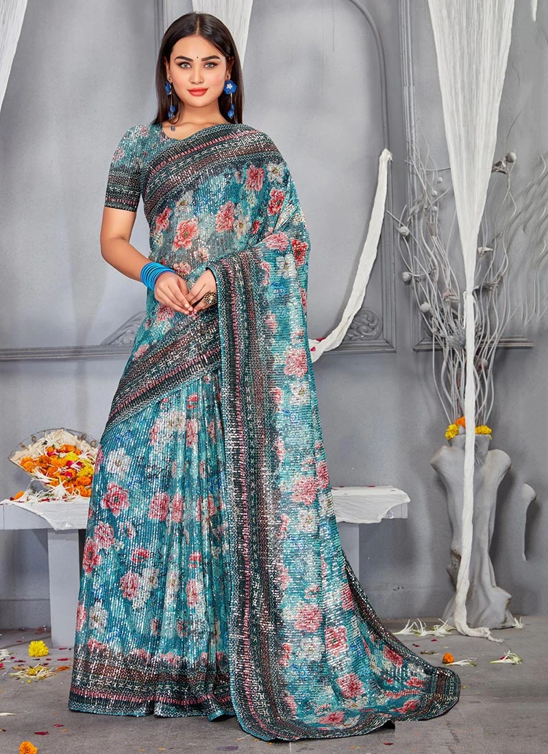 Blue Color Digital And Sequins Soft Net Saree Party Wear 5 Blue Color Digital And Sequins Soft Net Saree Party Wear - Image 3