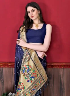 Blue Color Litchi Silk Weaving Work Saree Party Wear -ZariGrace Shop blue color litchi silk weaving work saree sasprt7783 b