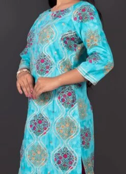 Blue Cotton Foil Print Kurta Straight Pant Set Party Wear