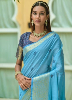 Blue Cotton Zari Weaving Saree Festive Wear -ZariGrace Shop blue cotton zari weaving saree sasvw211 b