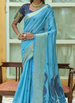 Blue Cotton Zari Weaving Saree Festive Wear