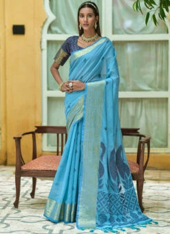 Blue Cotton Zari Weaving Saree Festive Wear -ZariGrace Shop blue cotton zari weaving saree sasvw211 u