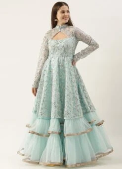 Blue Embroidered Layered Style Bridal Gown Wedding Wear -ZariGrace Shop blue embroidered layered style bridal gown IWBS02008734 u