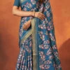 Blue Faux Crepe Printed Saree Festive Wear