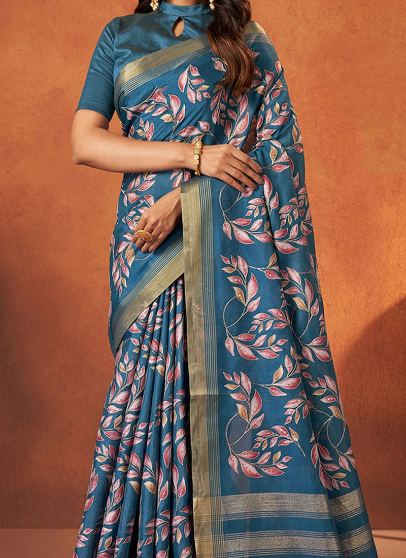 Blue Faux Crepe Printed Saree Festive Wear 3 Blue Faux Crepe Printed Saree Festive Wear