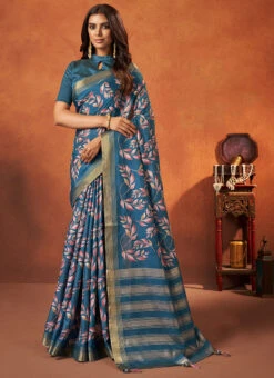 Blue Faux Crepe Printed Saree Festive Wear 8 Blue Faux Crepe Printed Saree Festive Wear -ZariGrace Shop blue faux crepe printed saree sasacw9896 u