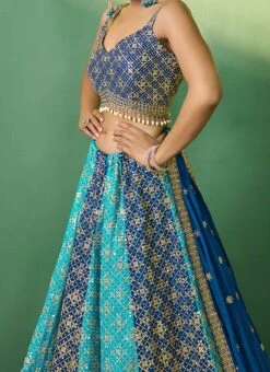 Blue Faux Georgette Gota Umbrella Lehenga Wedding Wear