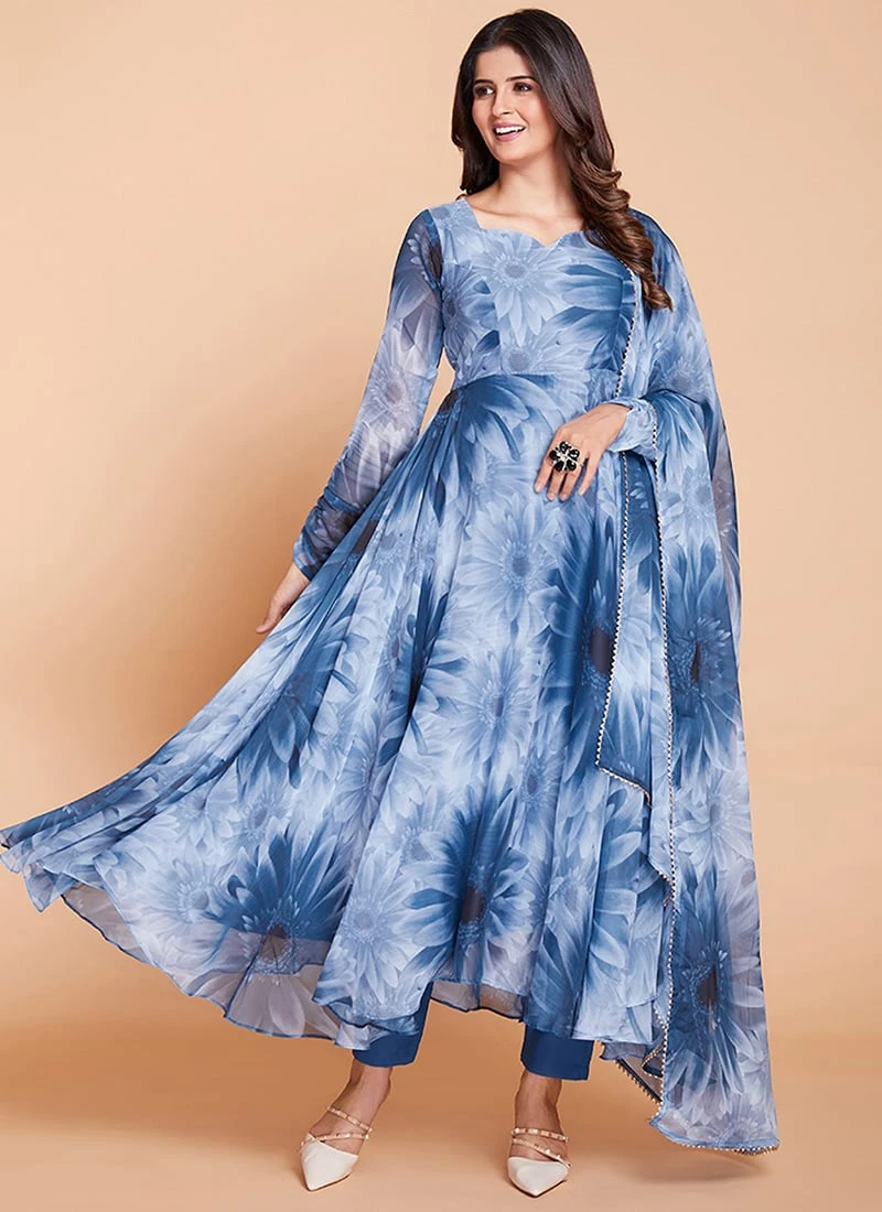 Blue Faux Georgette Printed Anarkali Suit Party Wear 5 Blue Faux Georgette Printed Anarkali Suit Party Wear - Image 3