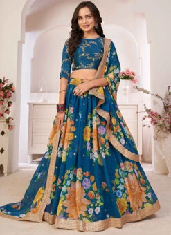 Blue Georgette Printed Lehenga Choli Party Wear -ZariGrace Shop blue georgette embroidered and printed lehenga choli ghsaj42546005 u