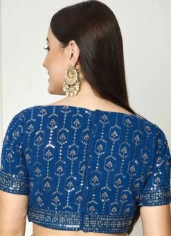 Blue Georgette Embroidered Boat Neck Blouse Wedding Wear -ZariGrace Shop blue georgette embroidered boat neck blouse BLBS02307594 b