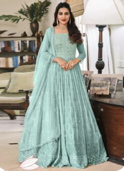 Blue Georgette Embroidered Designer Anarkali Suit Festive Wear -ZariGrace Shop blue georgette embroidered designer anarkali suit slsak32671381d u