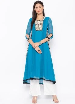 Blue Georgette Embroidered Kurta Palazzo Set After Six Wear -ZariGrace Shop blue georgette embroidered kurta palazzo set krsmnc1934ks u
