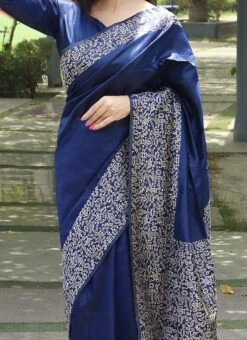 Blue Handloom Raw Silk Saree With Weaving Border Festive Wear