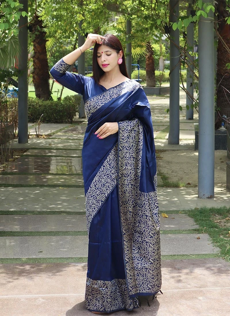 Blue Handloom Raw Silk Saree With Weaving Border Festive Wear 5 Blue Handloom Raw Silk Saree With Weaving Border Festive Wear - Image 3
