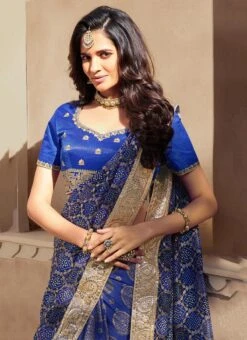 Blue Jacquard Silk Embroiderey N Zari Work Half N Half Saree Party Wear -ZariGrace Shop blue jacquard silk embroiderey n zari work half n half saree sasklk1006 b