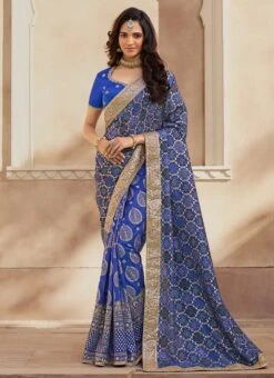 Blue Jacquard Silk Embroiderey N Zari Work Half N Half Saree Party Wear -ZariGrace Shop blue jacquard silk embroiderey n zari work half n half saree sasklk1006 u