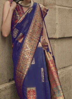 Blue Modal Satin Handloom Saree Festive Wear