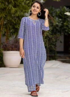 Blue Muslin Printed Kurta Straight Pant Set After Six Wear -ZariGrace Shop blue muslin printed kurta straight pant set krspranju67 u