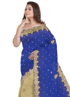 Blue N Beige Georgette Hand Work Half N Half Saree Festive Wear -ZariGrace Shop blue n beige georgette hand work half n half saree sadsf4137 b