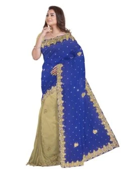 Blue N Beige Georgette Hand Work Half N Half Saree Festive Wear -ZariGrace Shop blue n beige georgette hand work half n half saree sadsf4137 u