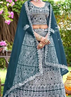 Blue Net Embroidered A Line Lehenga Party Wear