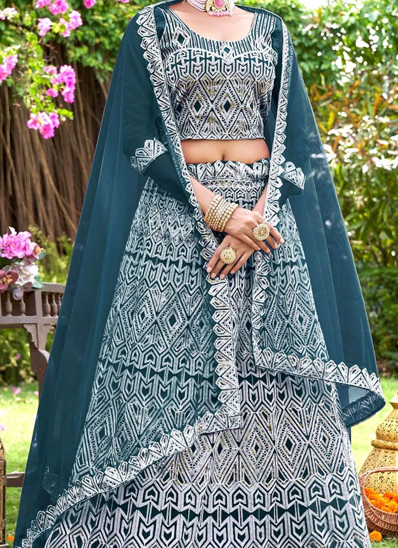 Blue Net Embroidered A Line Lehenga Party Wear 3 Blue Net Embroidered A Line Lehenga Party Wear