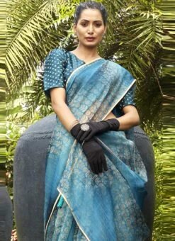 Blue Organza Digital Print Saree After Six Wear -ZariGrace Shop blue organza digital print saree samams123 b