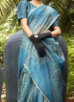 Blue Organza Digital Print Saree After Six Wear