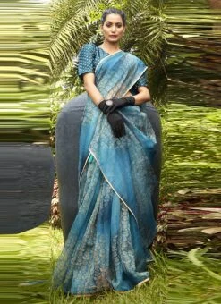 Blue Organza Digital Print Saree After Six Wear -ZariGrace Shop blue organza digital print saree samams123 u