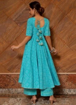Blue Pure Cotton Bandhej Printed Anarkali Suit Party Wear -ZariGrace Shop blue pure cotton bandhej printed anarkali suit sljpjrb01 b
