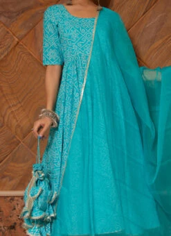 Blue Pure Cotton Bandhej Printed Anarkali Suit Party Wear