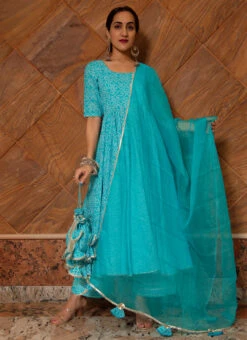 Blue Pure Cotton Bandhej Printed Anarkali Suit Party Wear -ZariGrace Shop blue pure cotton bandhej printed anarkali suit sljpjrb01 u