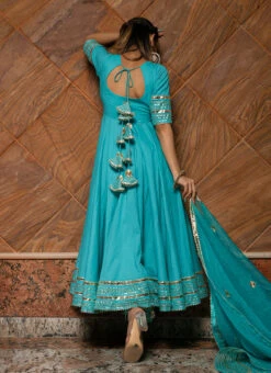 Blue Pure Cotton Gota Patti Work Anarkali Suit Party Wear -ZariGrace Shop blue pure cotton gota patti work anarkali suit sljpjhc300 b