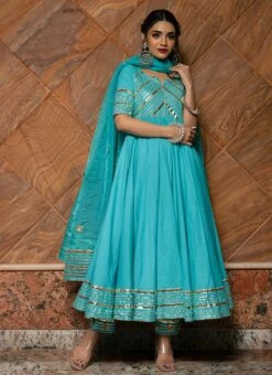 Blue Pure Cotton Gota Patti Work Anarkali Suit Party Wear -ZariGrace Shop blue pure cotton gota patti work anarkali suit sljpjhc300 u