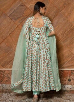 Sea Green Pure Cotton Hand Block Print Anarkali Suit Party Wear -ZariGrace Shop blue pure cotton hand block print anarkali suit sljpjs9000 b