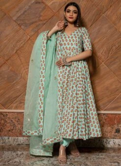 Sea Green Pure Cotton Hand Block Print Anarkali Suit Party Wear -ZariGrace Shop blue pure cotton hand block print anarkali suit sljpjs9000 u