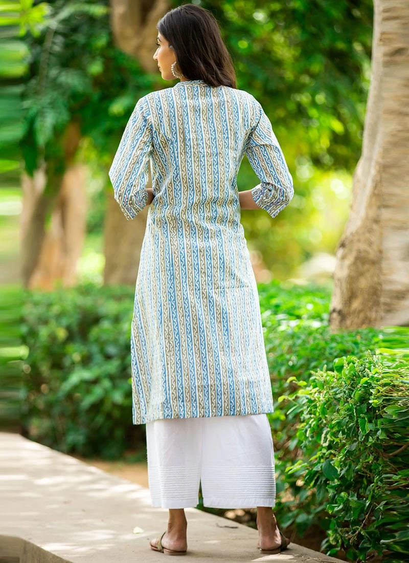 Blue Pure Cotton Hand Block Printed Kurta Semi Palazzo Set After Six Wear 6 Blue Pure Cotton Hand Block Printed Kurta Semi Palazzo Set After Six Wear - Image 4