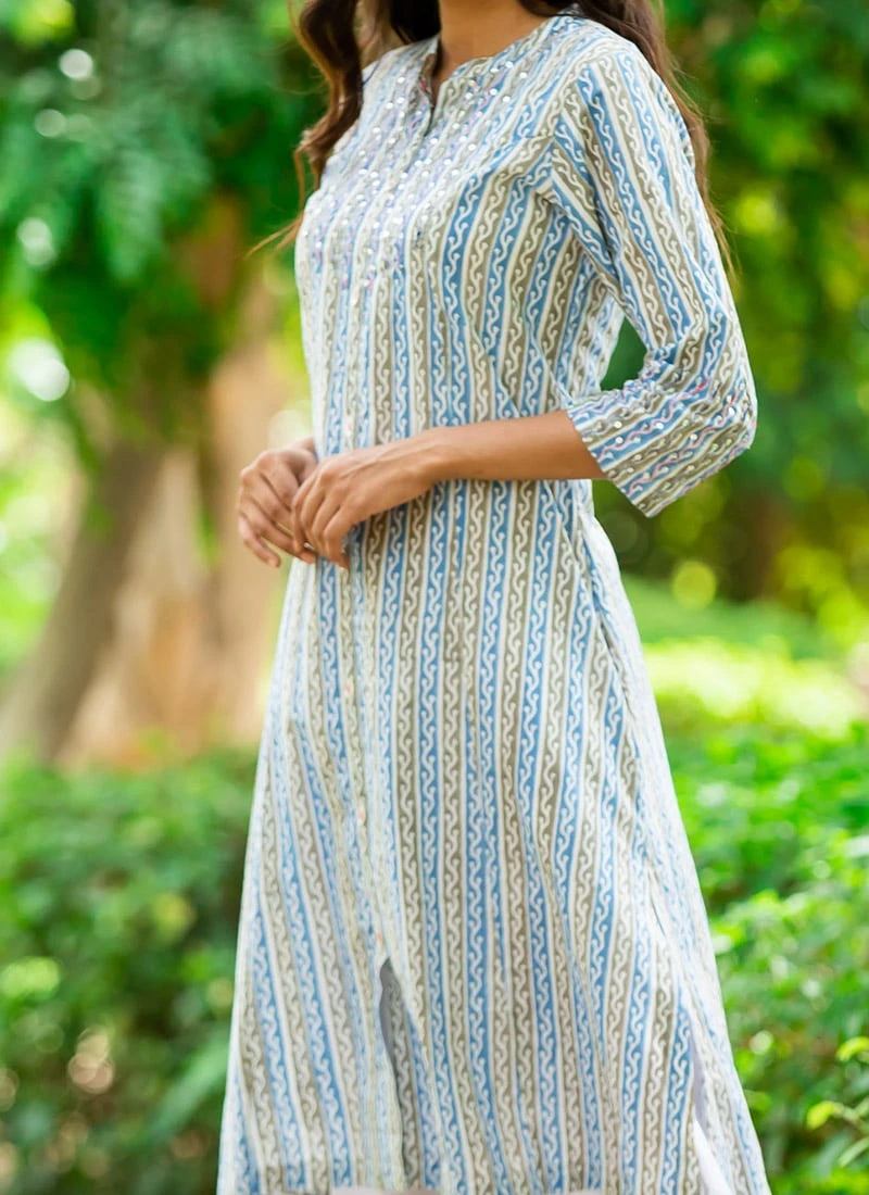 Blue Pure Cotton Hand Block Printed Kurta Semi Palazzo Set After Six Wear 3 Blue Pure Cotton Hand Block Printed Kurta Semi Palazzo Set After Six Wear