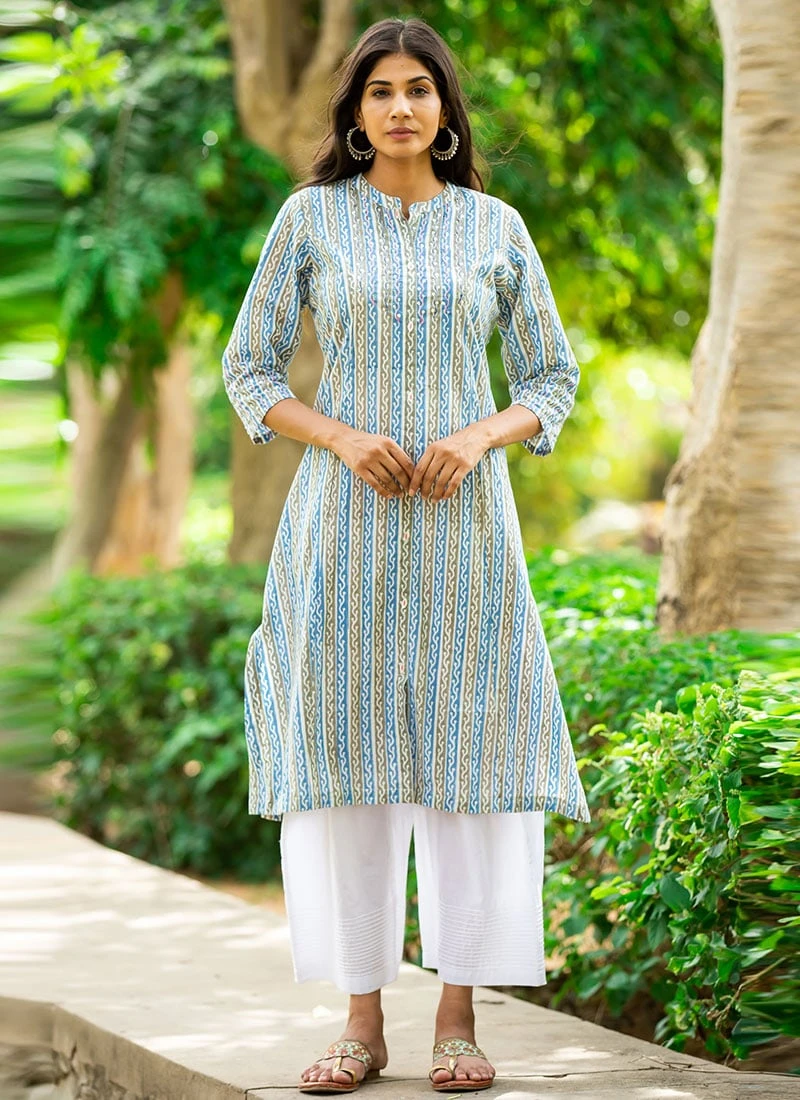 Blue Pure Cotton Hand Block Printed Kurta Semi Palazzo Set After Six Wear 5 Blue Pure Cotton Hand Block Printed Kurta Semi Palazzo Set After Six Wear - Image 3
