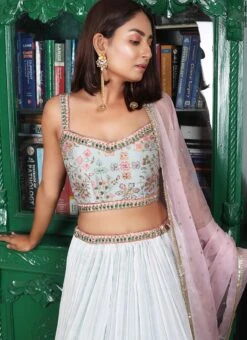 Light Grey Pure Silk Hand Work A Line Lehenga Party Wear -ZariGrace Shop blue pure silk hand work a line lehenga ghksg4033 b