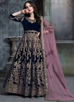 Blue Velvet Anarkali Suit Party Wear 8 Blue Velvet Anarkali Suit Party Wear -ZariGrace Shop blue velvet anarkali suit slscc1601b u