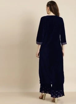 Blue Velvet Embroidered Kurta Palazzo Set Work Wear -ZariGrace Shop blue velvet embroidered kurta palazzo set krsdmf7327ny b