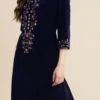 Blue Velvet Embroidered Kurta Palazzo Set Work Wear -ZariGrace Shop blue velvet embroidered kurta palazzo set krsdmf7327ny l