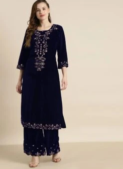 Blue Velvet Embroidered Kurta Palazzo Set Work Wear -ZariGrace Shop blue velvet embroidered kurta palazzo set krsdmf7327ny u