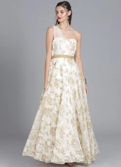 Ethnovog White One Shoulder Gown Party Wear -ZariGrace Shop bollywood vogue customised white one shoulder gown IWBV01903799 u