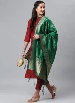 Bottle Green Benarasi Silk Jacquard Woven Dupatta Festive Wear -ZariGrace Shop bottle green benarasi silk jacquard woven dupatta dpsli1403107dg u