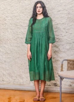 Bottle Green Embroidery Silk Dress Work Wear -ZariGrace Shop bottle green embroidery silk dress drsbadjudrg01 u