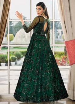 Bottle Green Net Sequins Embroidered Anarkali Suit Party Wear -ZariGrace Shop bottle green net sequins embroidered anarkali suit slsak31764833 b
